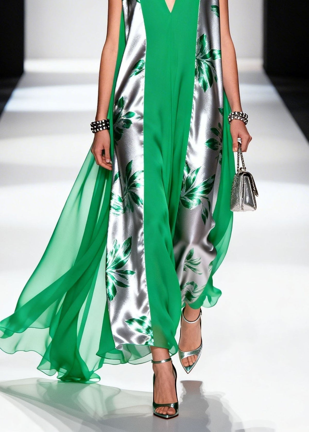 Leaf Print Sleeveless Deep V-Neck Panel Sheer Cape Maxi Gown - View 4