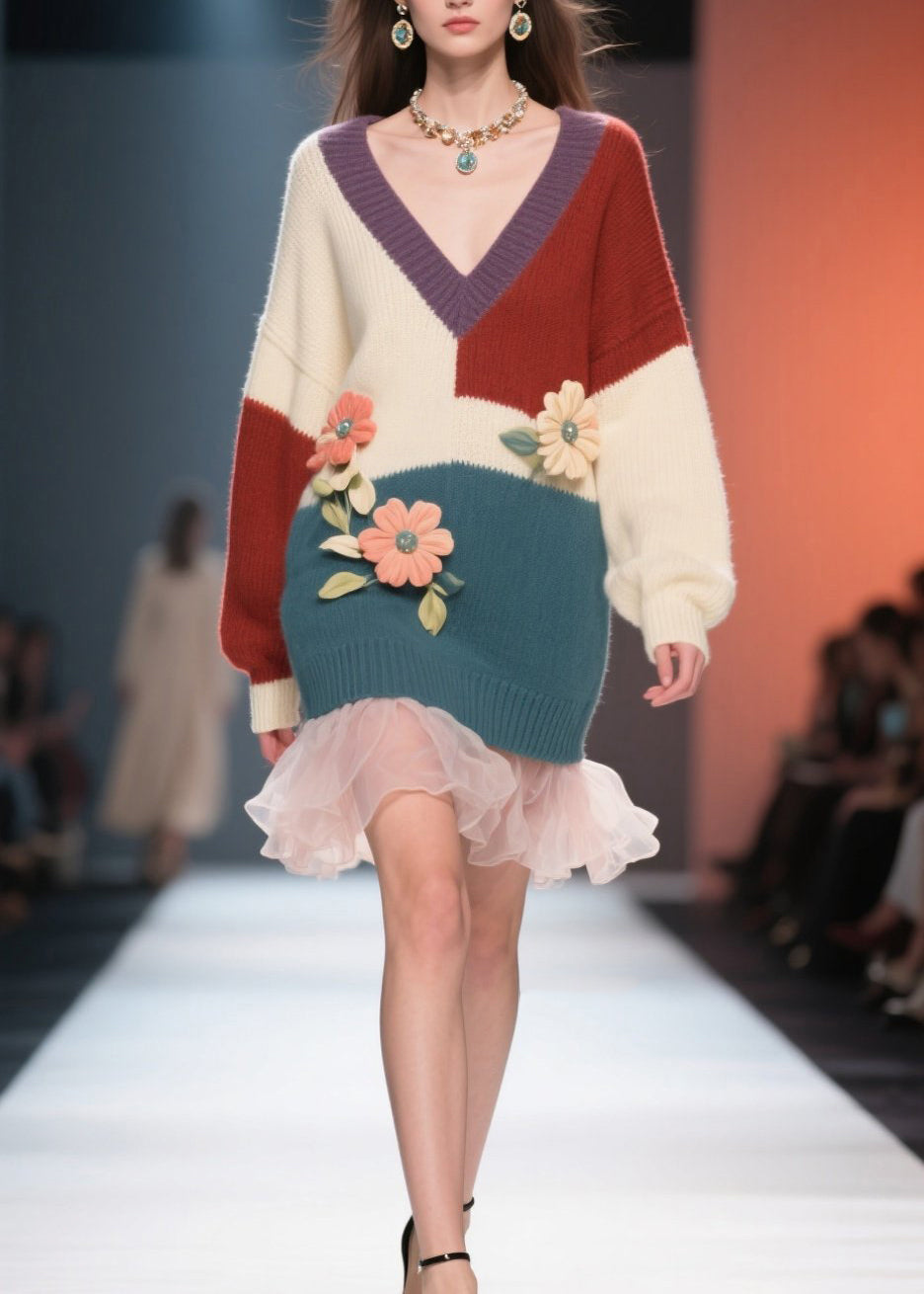 Colorblock Knit V-Neck Balloon Sleeve Floral Appliqué Mini Dress