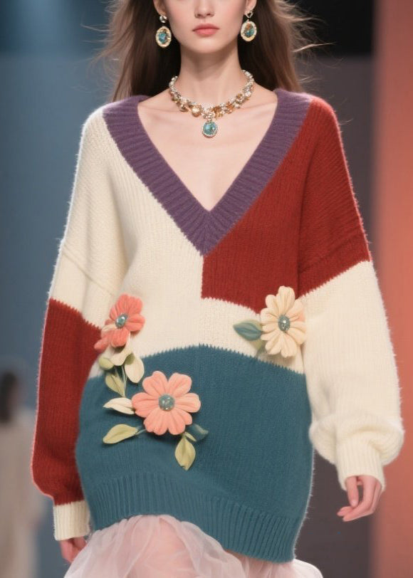 Colorblock Knit V-Neck Balloon Sleeve Floral Appliqué Mini Dress - View 2