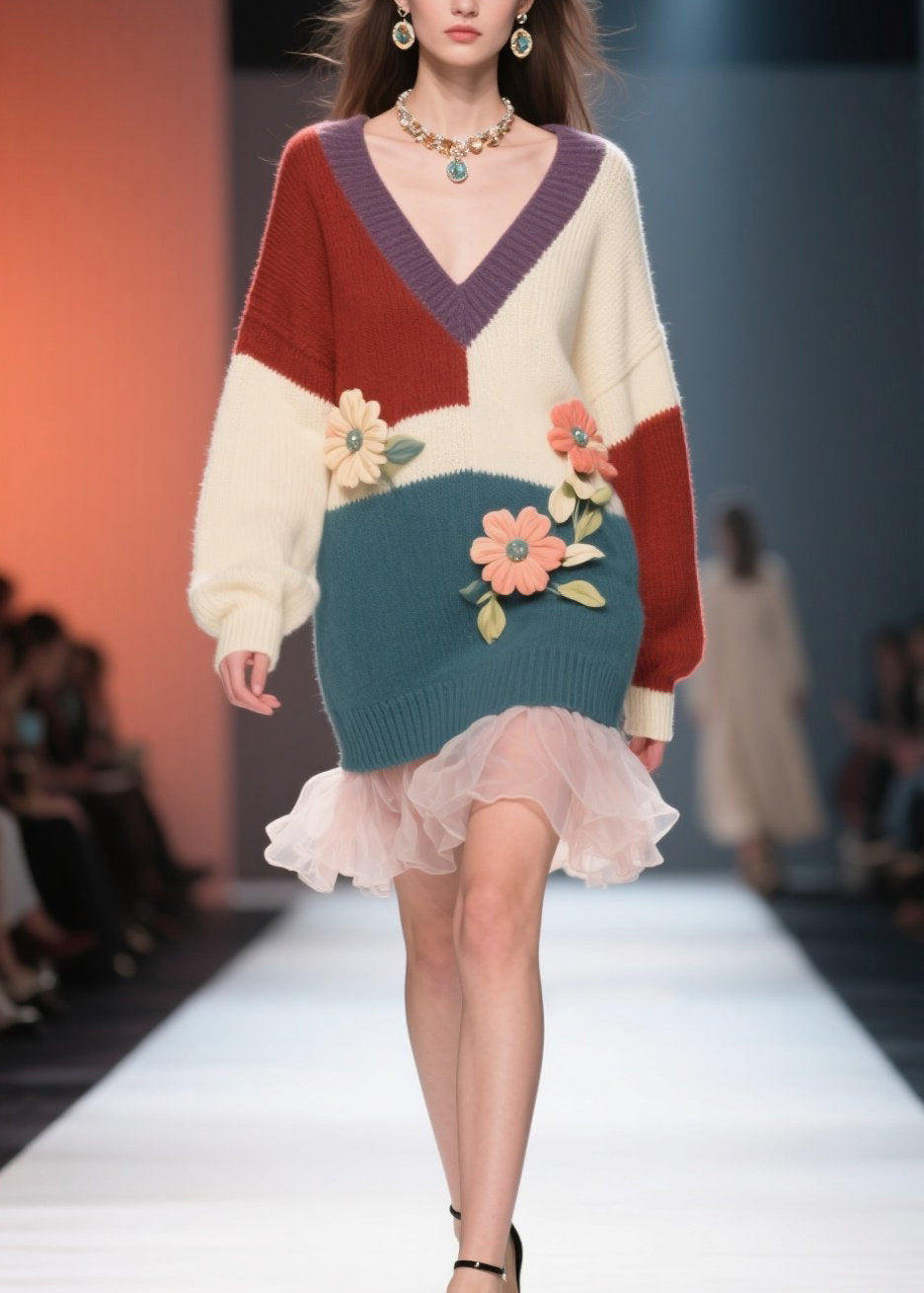 Colorblock Knit V-Neck Balloon Sleeve Floral Appliqué Mini Dress - View 3