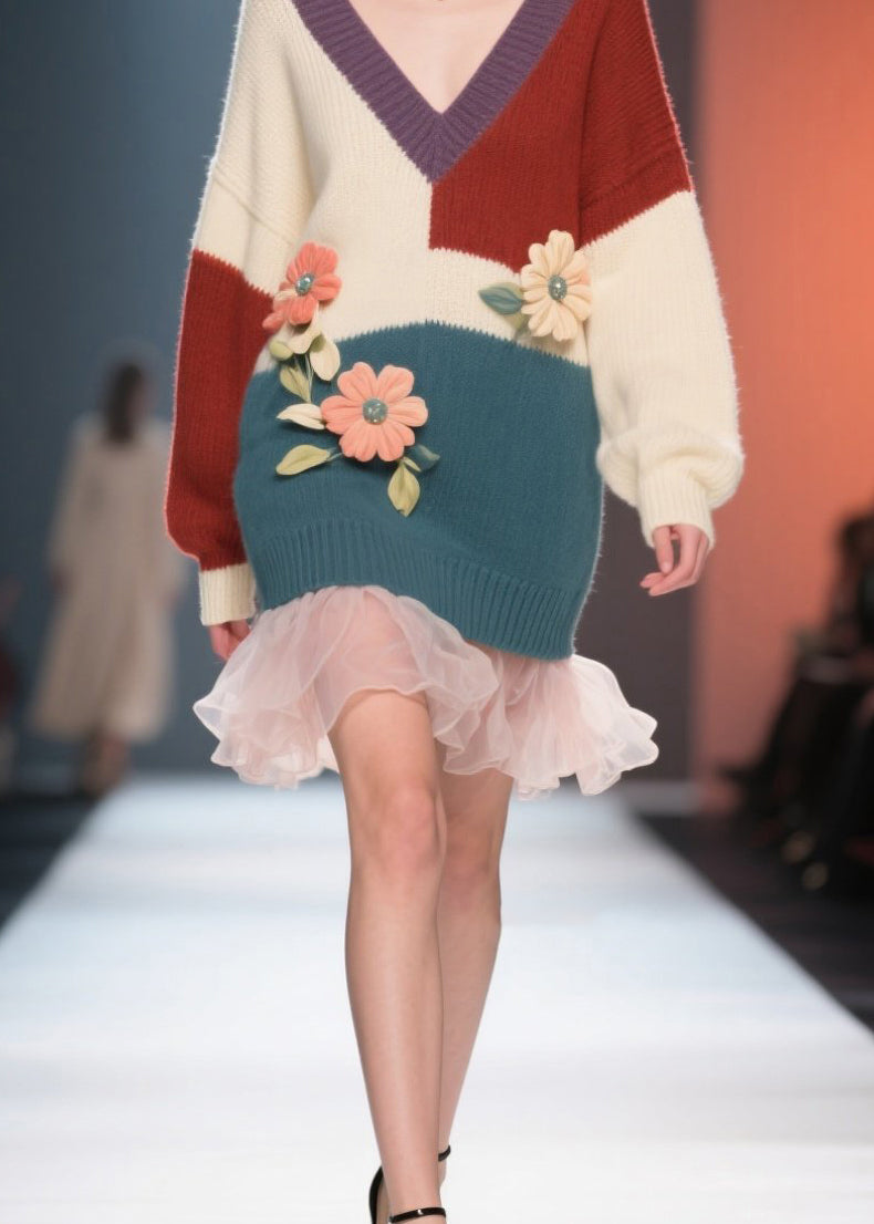Colorblock Knit V-Neck Balloon Sleeve Floral Appliqué Mini Dress - View 4