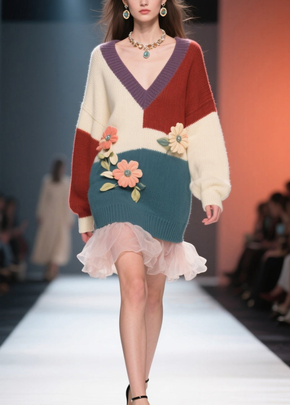 Colorblock Knit V-Neck Balloon Sleeve Floral Appliqué Mini Dress - View 5