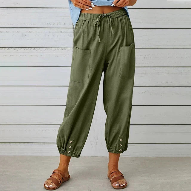 High Waist Drawstring Button Hem Cropped Pants 5