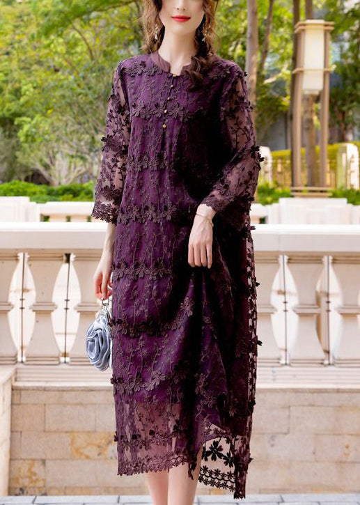 3D Floral Appliqué Embroidered Lace Mandarin Collar Midi Dress