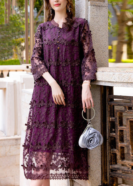 3D Floral Appliqué Embroidered Lace Mandarin Collar Midi Dress - View 2