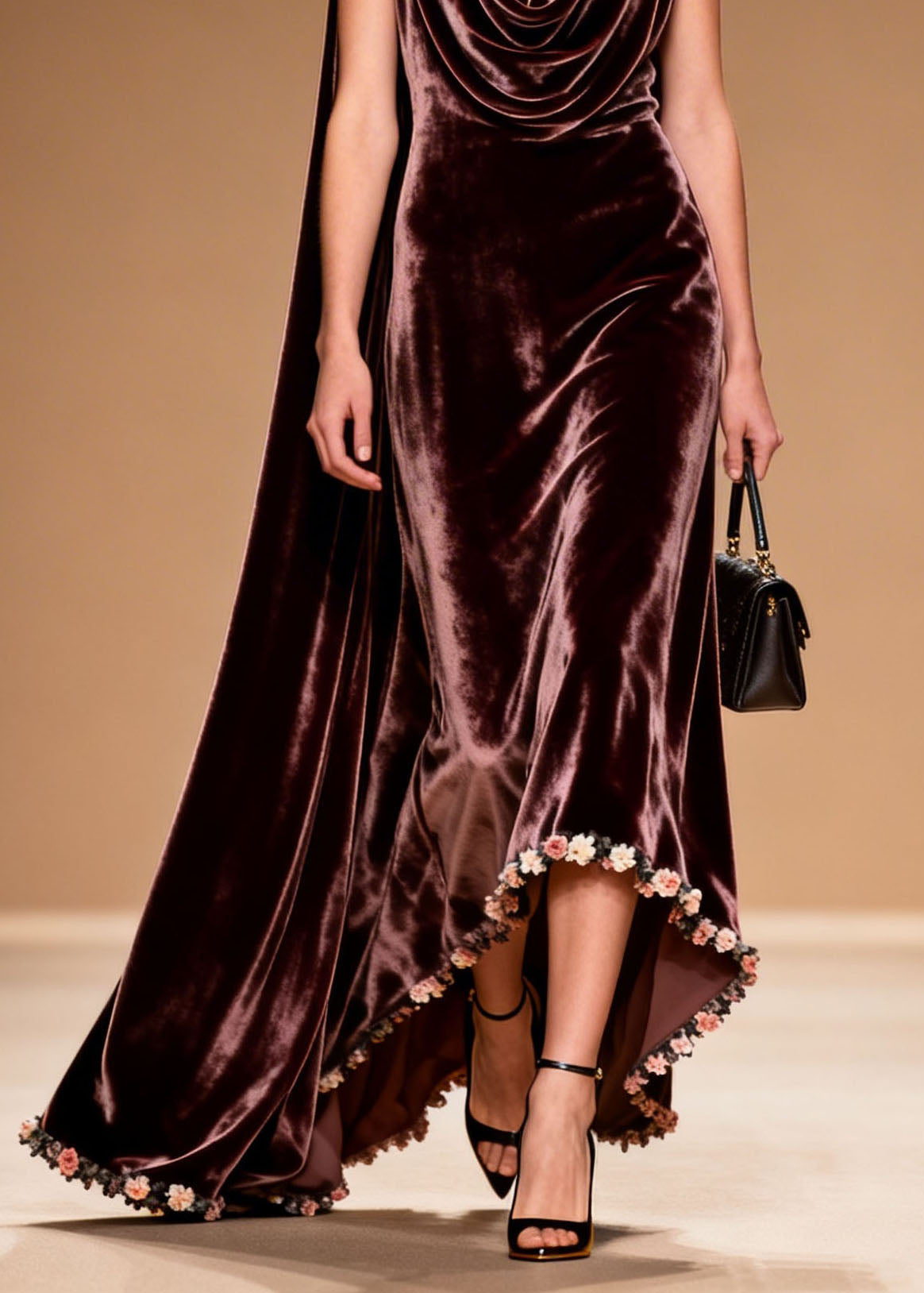 Velvet Cowl Neck Sleeveless High Low 3D Floral Applique Gown - View 4