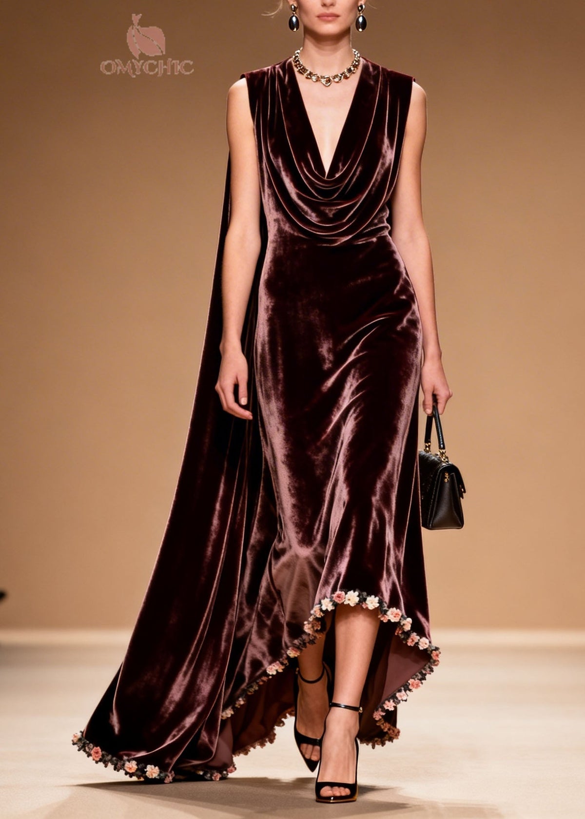 Velvet Cowl Neck Sleeveless High Low 3D Floral Applique Gown - View 5