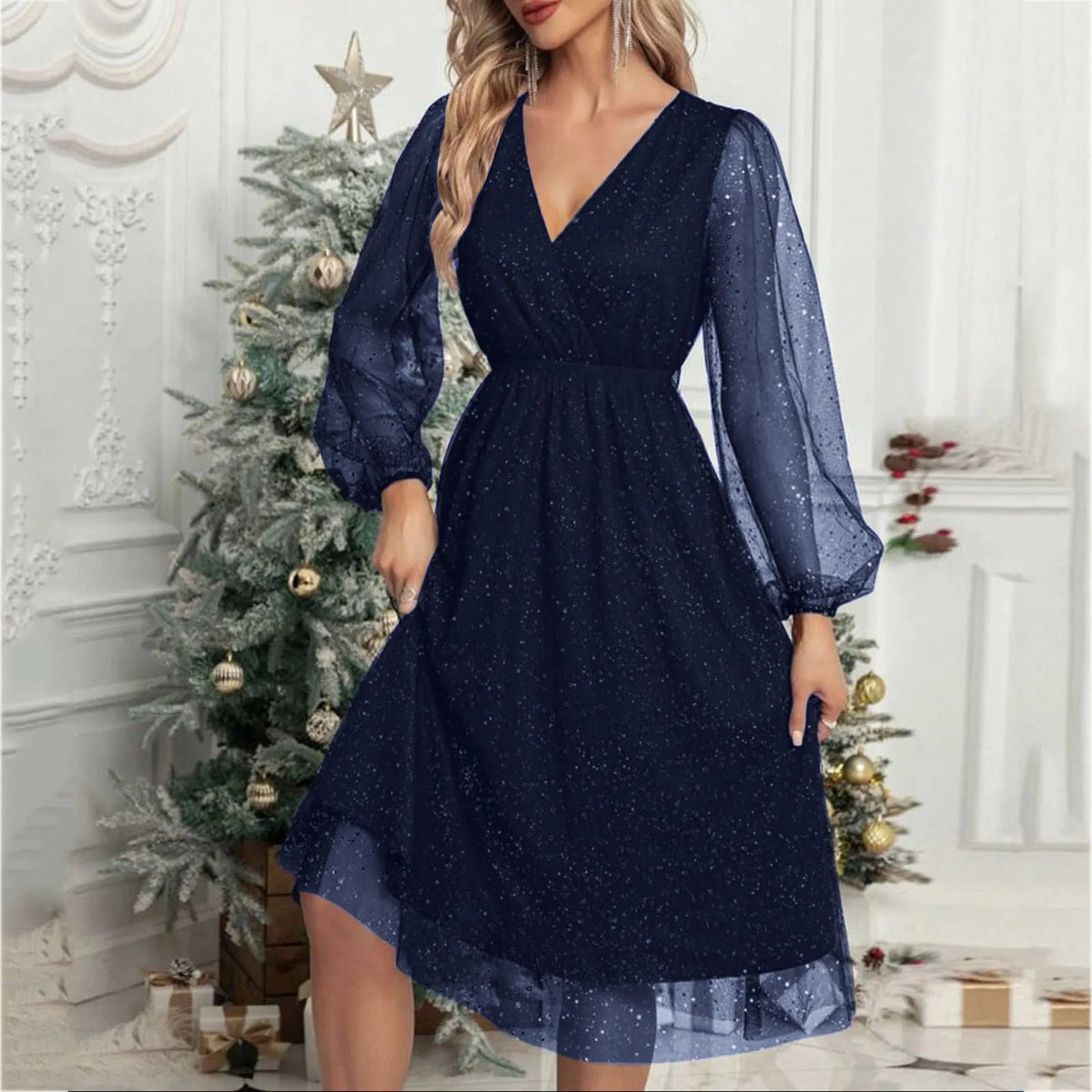 Glitter Mesh V-Neck Long Sleeve A-Line Midi Party Dress - View 4