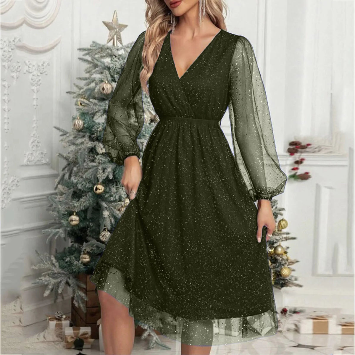 Glitter Mesh V-Neck Long Sleeve A-Line Midi Party Dress - View 2