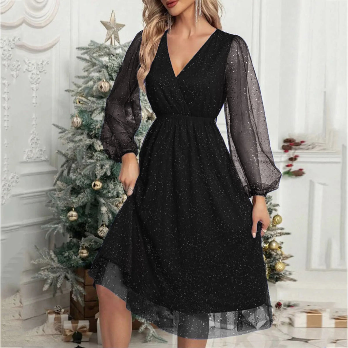 Glitter Mesh V-Neck Long Sleeve A-Line Midi Party Dress - View 3