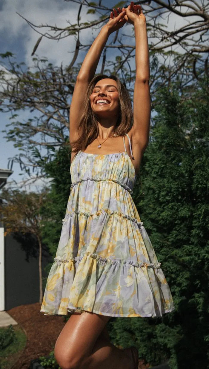 Floral Spaghetti Strap Tiered Ruffle Chiffon Mini Dress - View 6