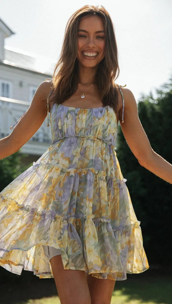 Floral Spaghetti Strap Tiered Ruffle Chiffon Mini Dress - View 5