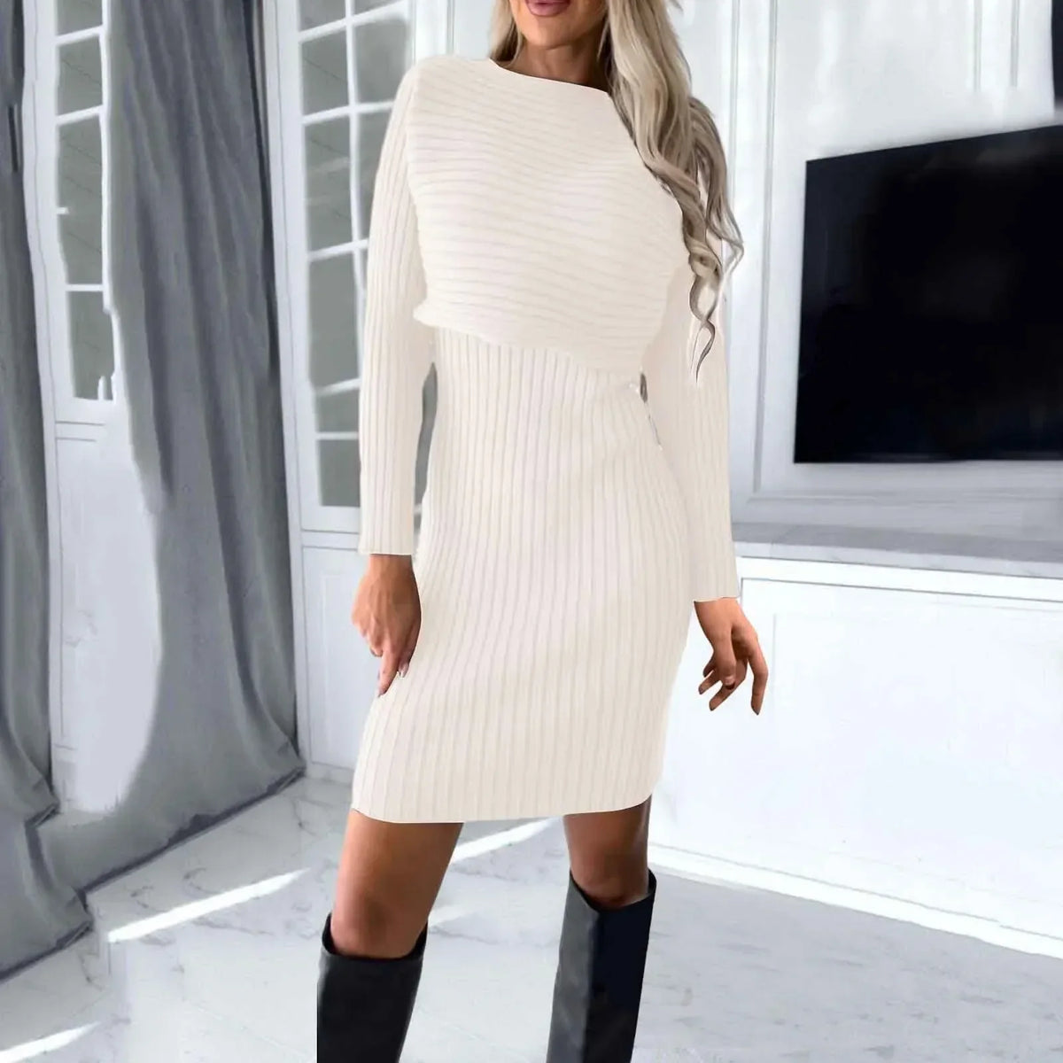 Ribbed Knit Boat Neck Long Sleeve Bodycon Sweater Mini Dress - View 7