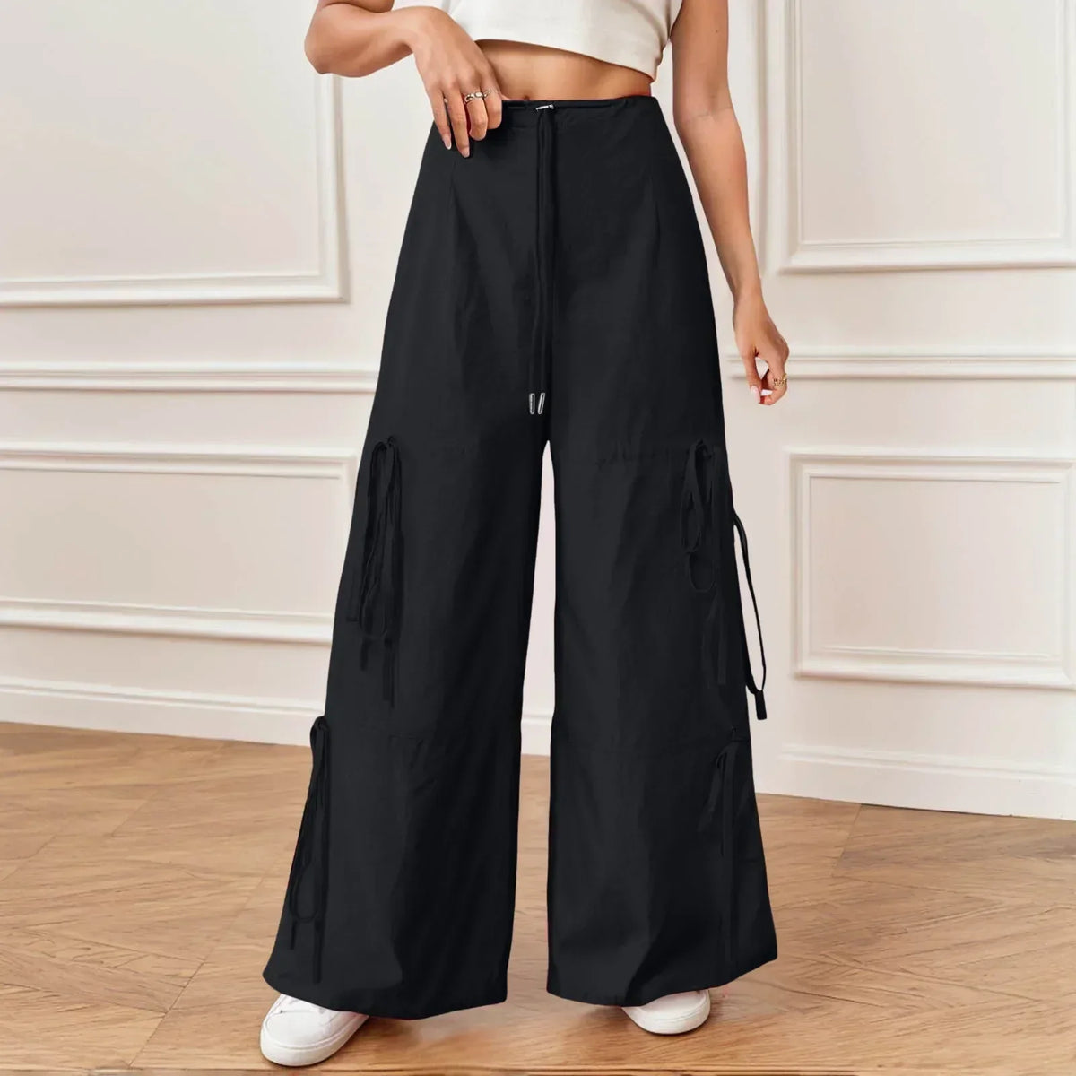 Pleated Wide Leg Sports Bow Tie Pants Black / S