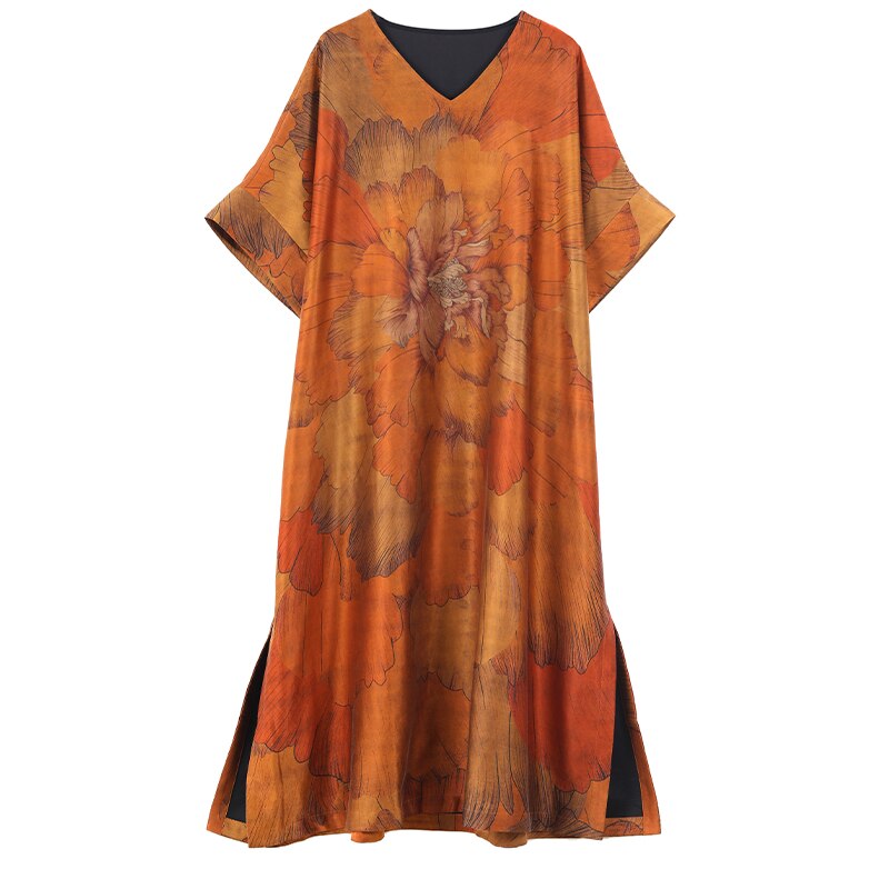Floral Print V-Neck Batwing Sleeve High Split Kaftan Midi Dress - View 5