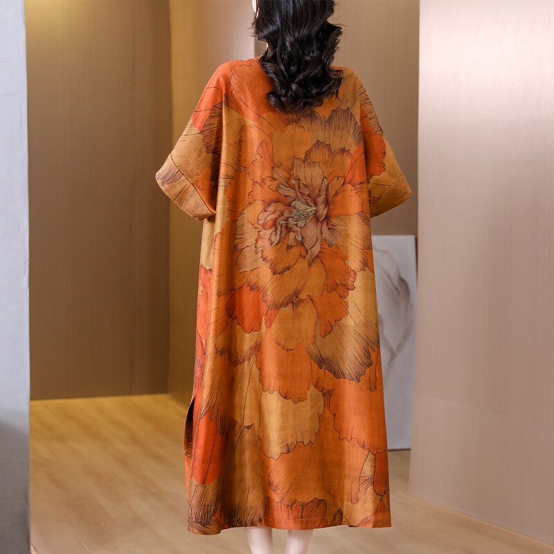 Floral Print V-Neck Batwing Sleeve High Split Kaftan Midi Dress - View 4