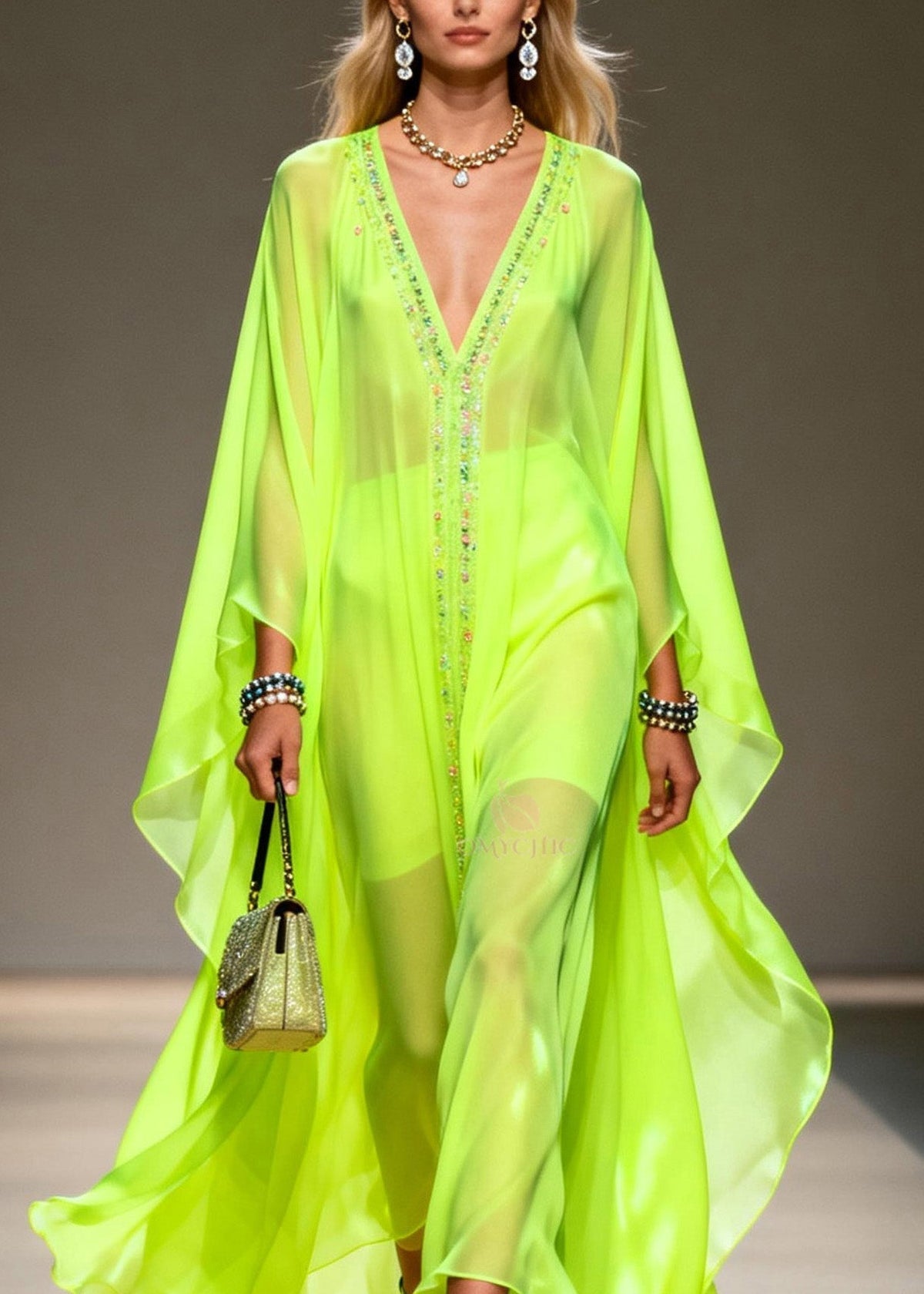 Sequin Center Panel Deep V-Neck Cape Sleeve Sheer Kaftan Maxi Gown - View 2