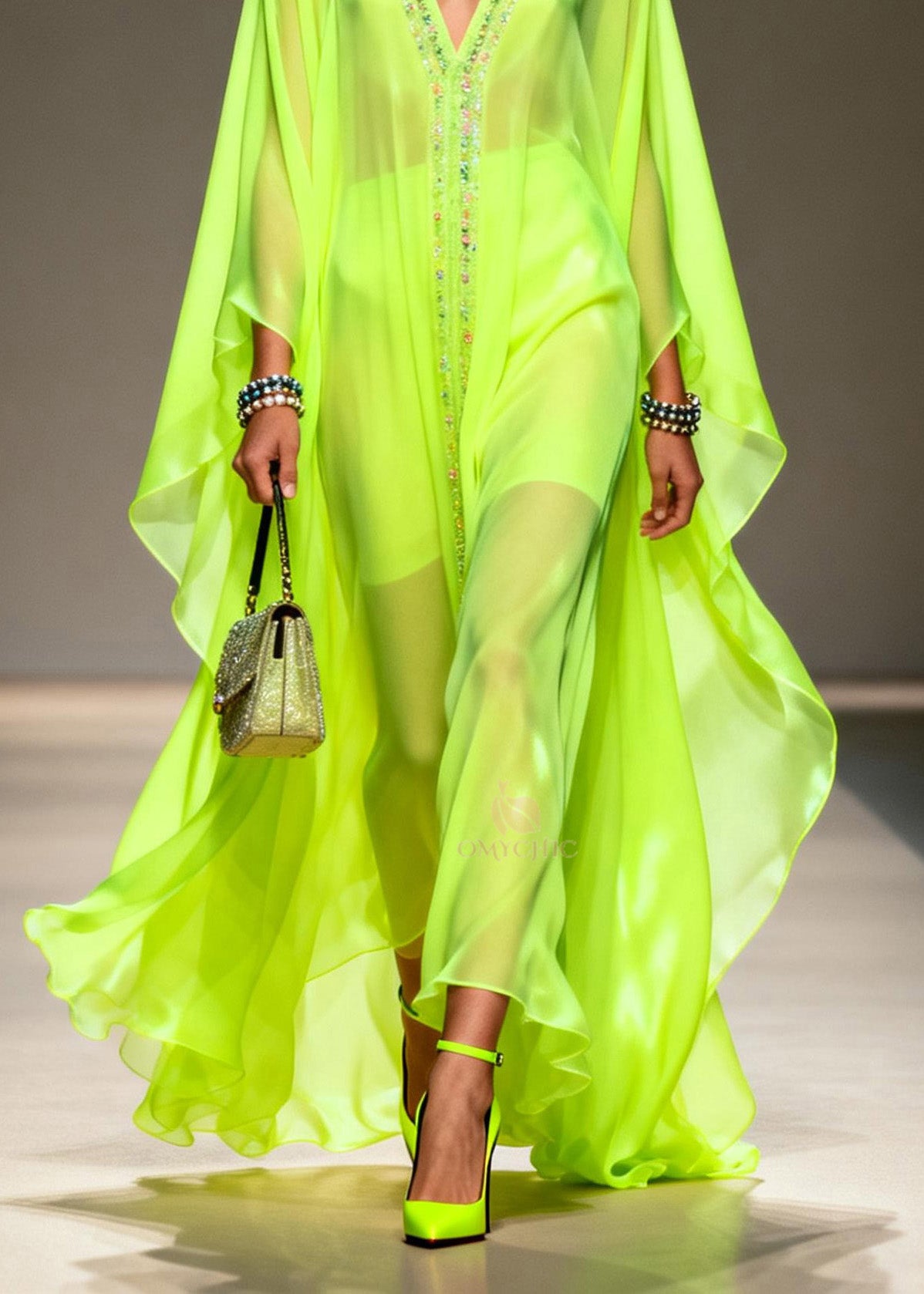 Sequin Center Panel Deep V-Neck Cape Sleeve Sheer Kaftan Maxi Gown - View 4