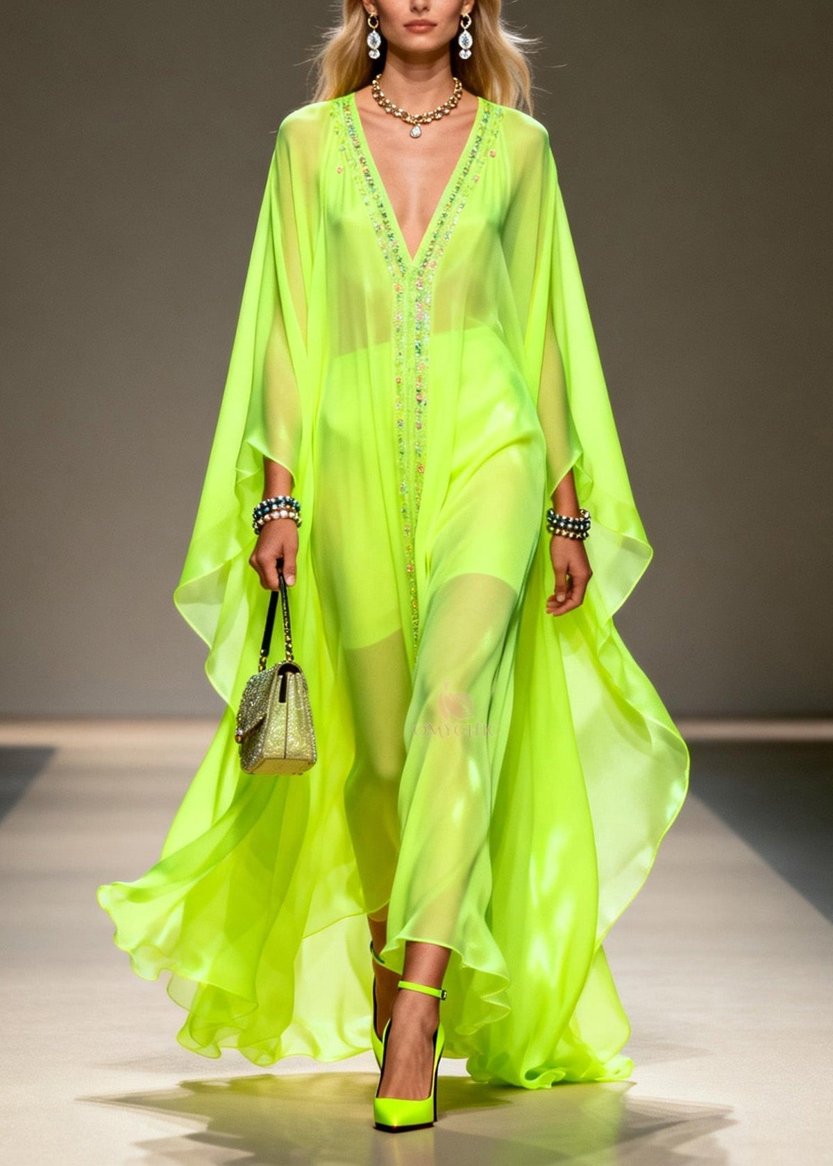 Sequin Center Panel Deep V-Neck Cape Sleeve Sheer Kaftan Maxi Gown - View 5