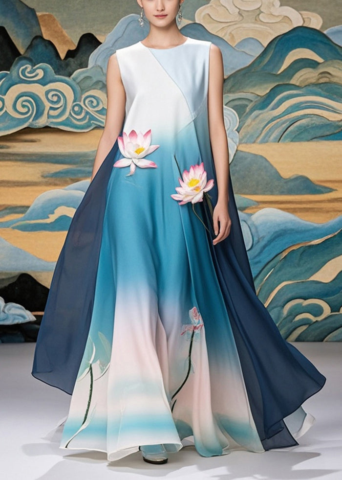 Chiffon Round Neck Sleeveless Lotus Appliqué Landscape Print Maxi Gown - View 3
