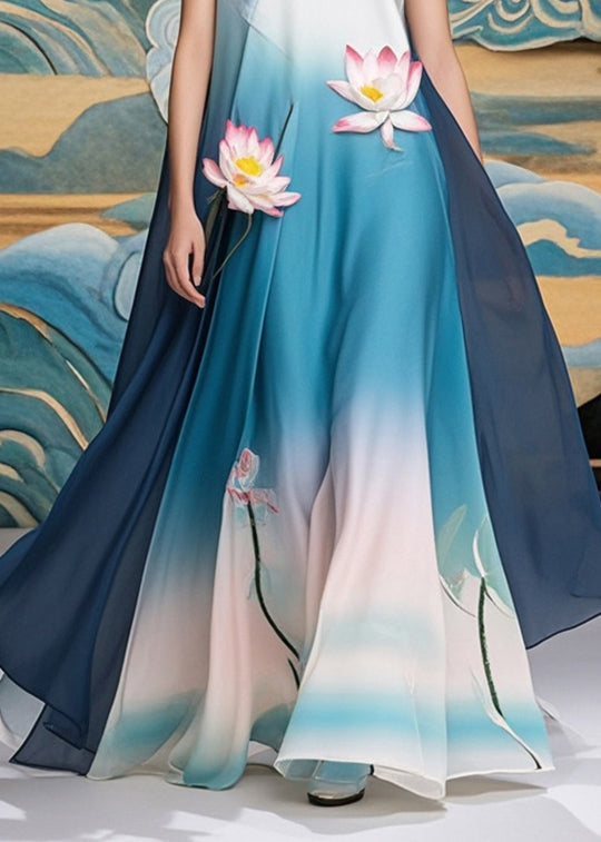 Chiffon Round Neck Sleeveless Lotus Appliqué Landscape Print Maxi Gown - View 4
