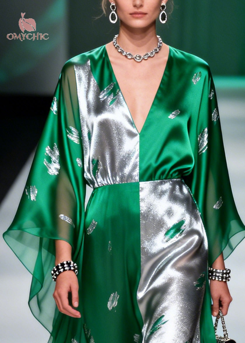 Color Block Leaf Print Deep V-Neck Sheer Cape Sleeve Satin Maxi Gown - View 2