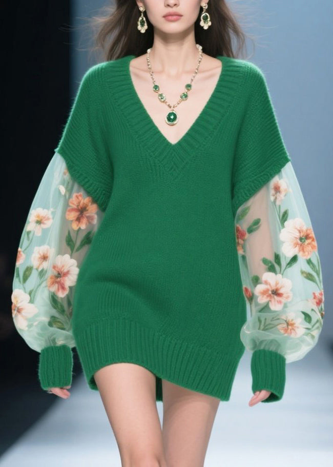 Knit Deep V-Neck Floral Embroidery Sheer Mini Sweater Dress - View 2