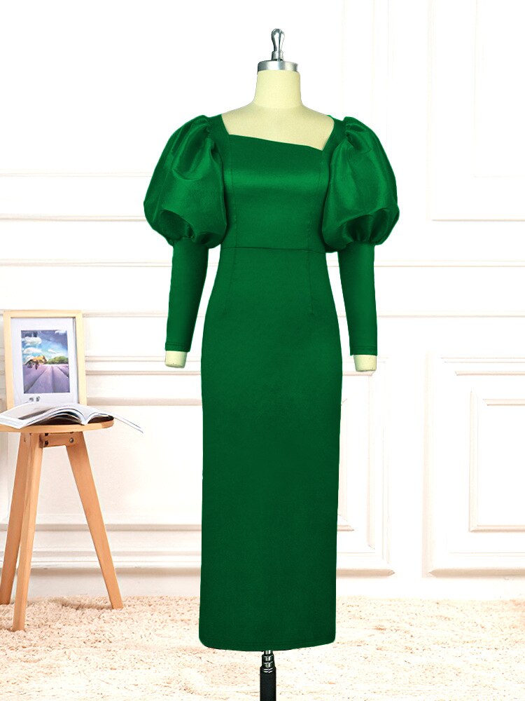 Satin Square Neck Puff Sleeve Bodycon Maxi Dress - View 3