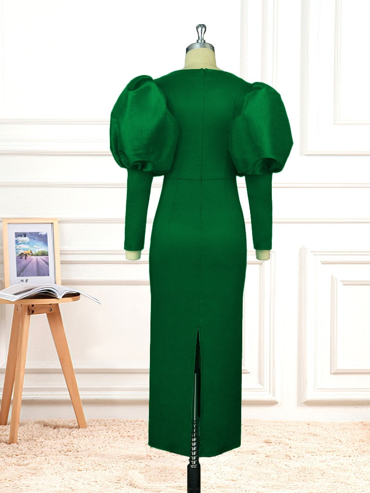 Satin Square Neck Puff Sleeve Bodycon Maxi Dress - View 5