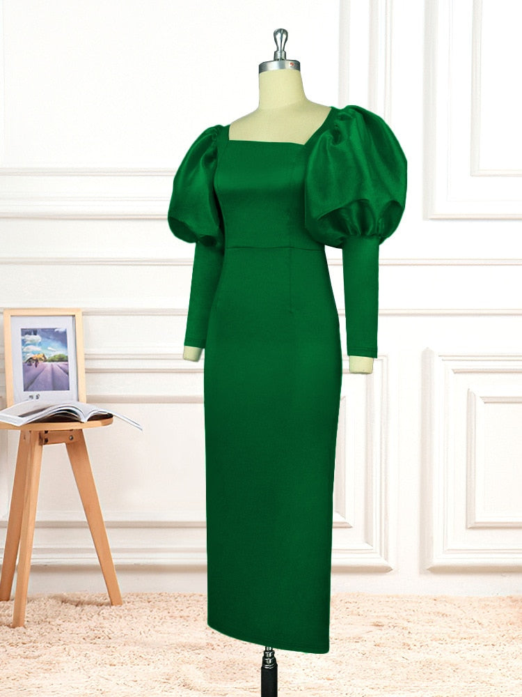 Satin Square Neck Puff Sleeve Bodycon Maxi Dress - View 4