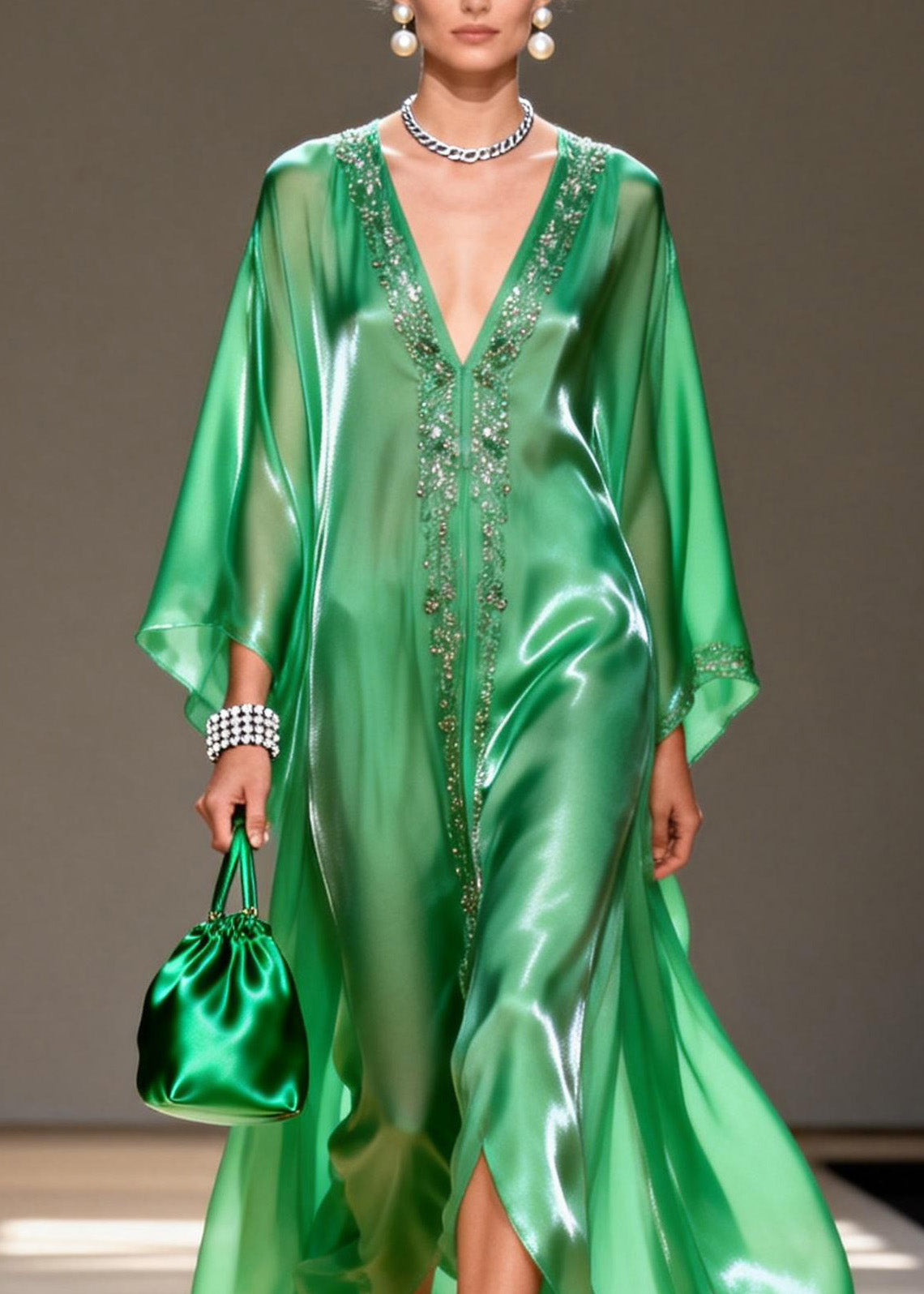 Satin Beaded Trim Deep V-Neck Sleeve High Split Kaftan Maxi Gown - View 2