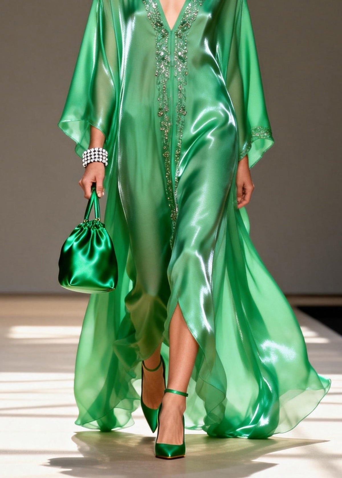 Satin Beaded Trim Deep V-Neck Sleeve High Split Kaftan Maxi Gown - View 4