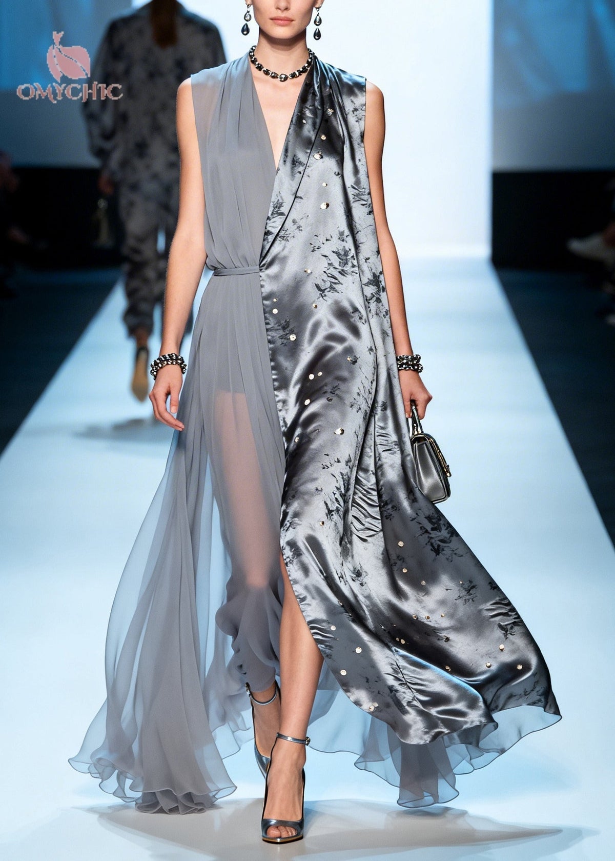 Satin Floral Print Deep V-Neck Sleeveless Belted Split Maxi Gown - View 3