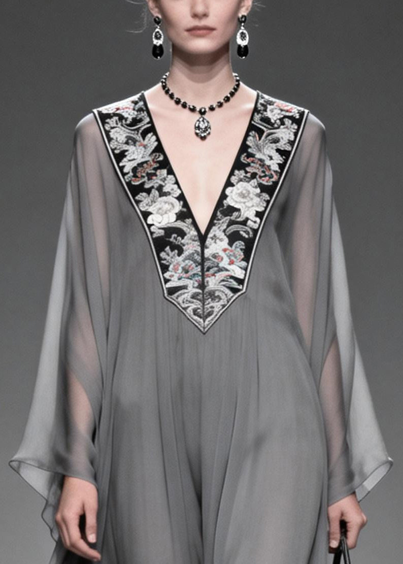 Women Grey V Neck Patchwork Chiffon Maxi Dress Summer - View 2