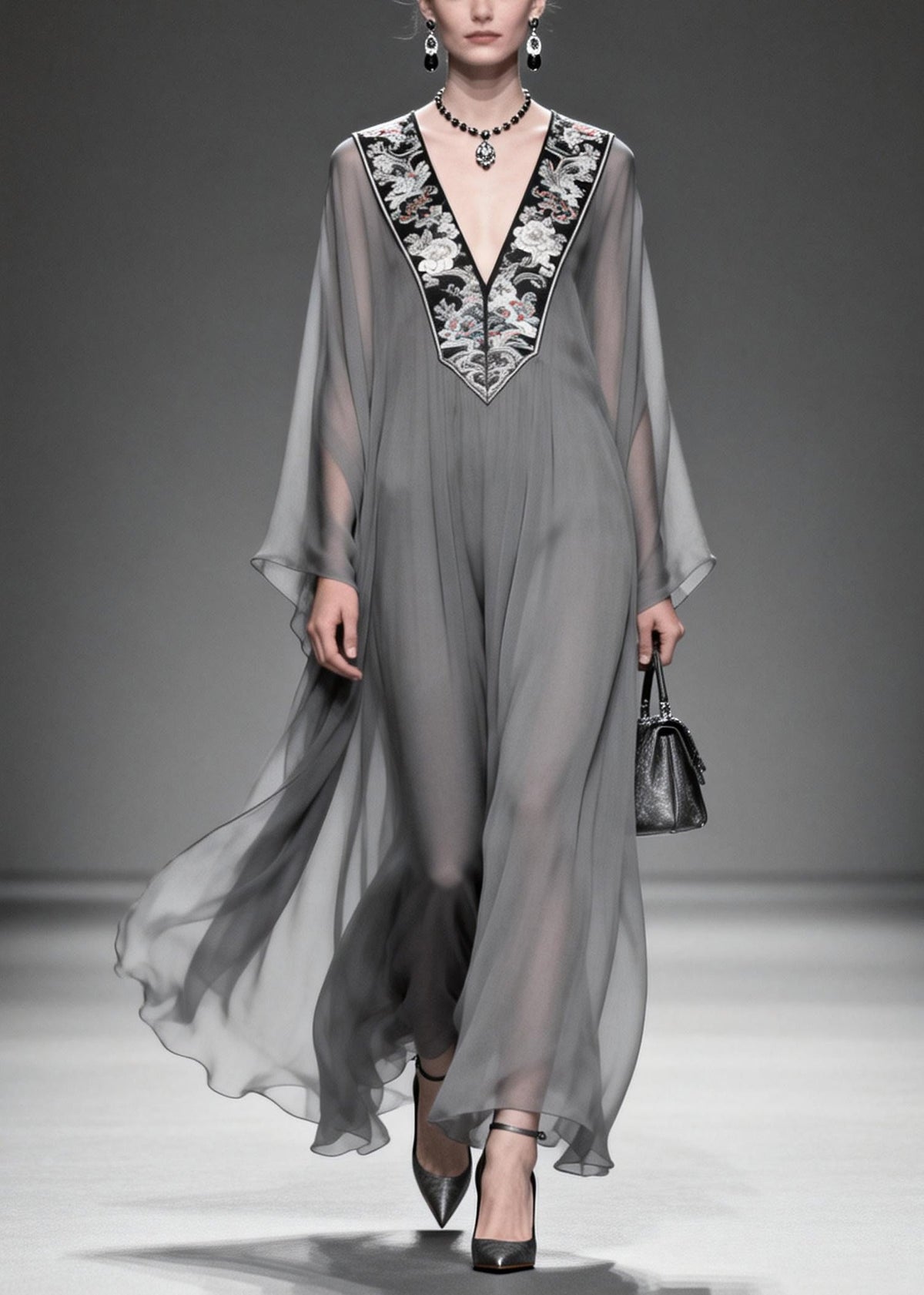 Women Grey V Neck Patchwork Chiffon Maxi Dress Summer - View 5