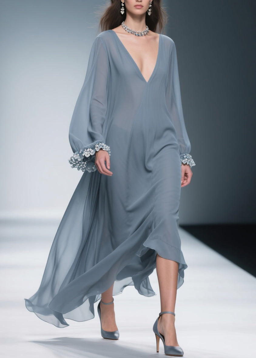 Women Haze Blue Floral Solid Chiffon Maxi Dresses - View 3