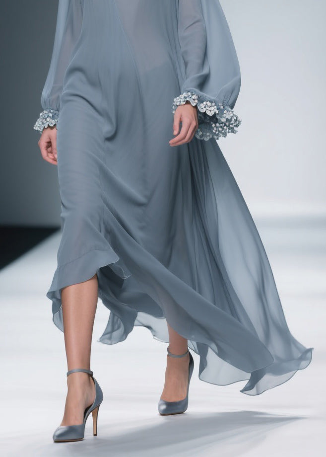Women Haze Blue Floral Solid Chiffon Maxi Dresses - View 4