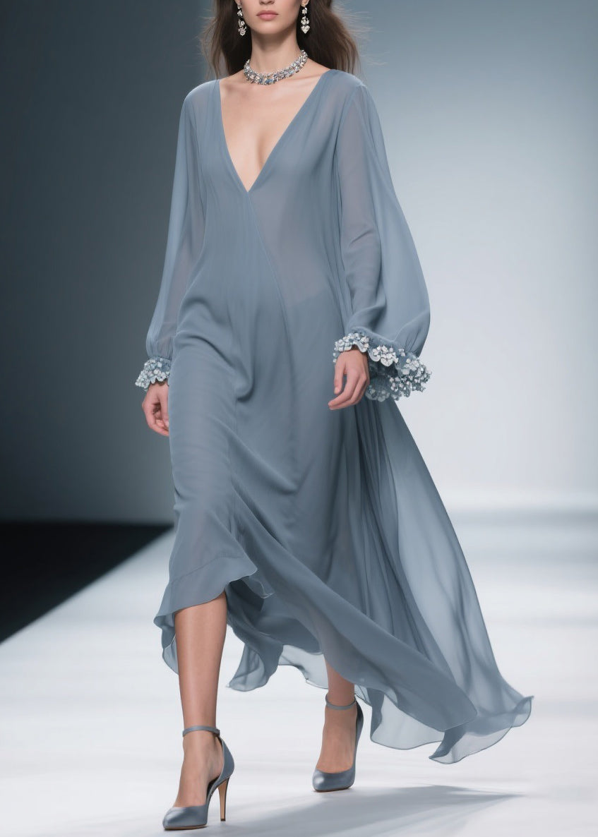 Women Haze Blue Floral Solid Chiffon Maxi Dresses - View 5