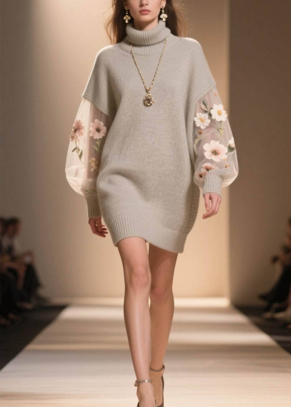 Turtleneck Floral Embroidered Mesh Lantern Sleeve Knit Sweater Mini Dress