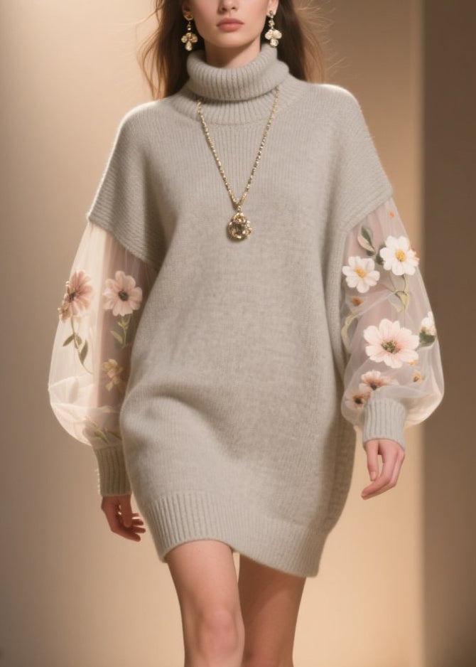 Turtleneck Floral Embroidered Mesh Lantern Sleeve Knit Sweater Mini Dress - View 2