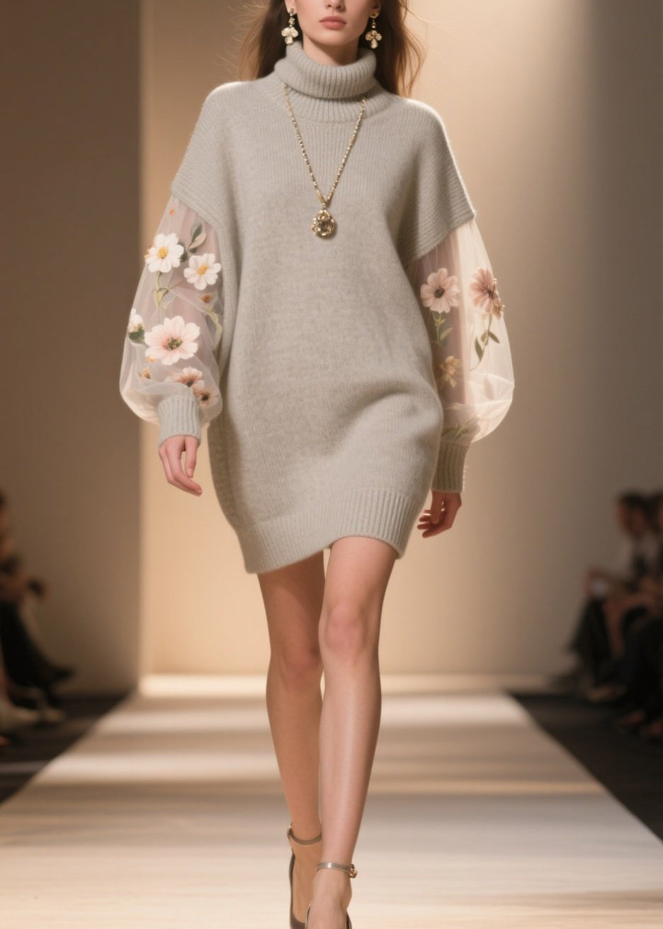 Turtleneck Floral Embroidered Mesh Lantern Sleeve Knit Sweater Mini Dress - View 3
