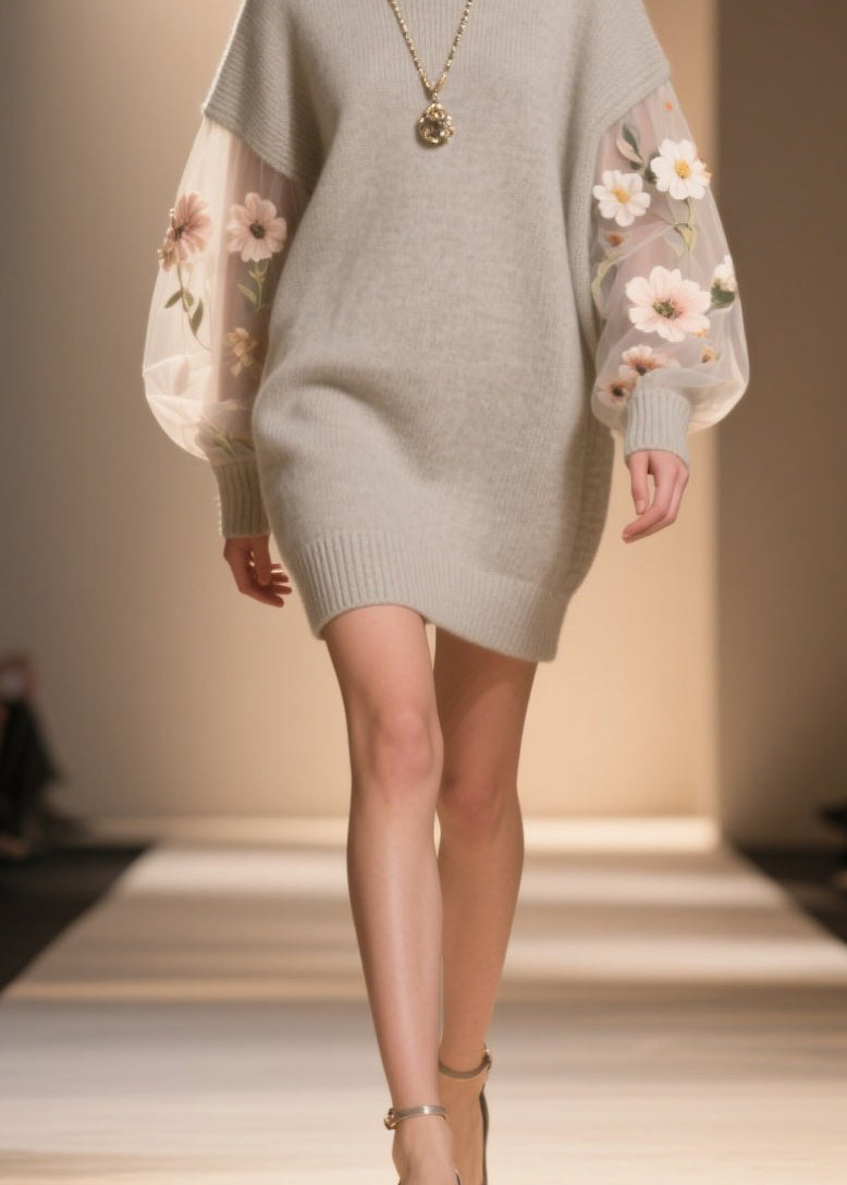 Turtleneck Floral Embroidered Mesh Lantern Sleeve Knit Sweater Mini Dress - View 4