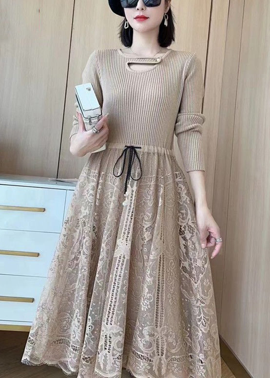 Knit Lace Patchwork Tie Waist Cut Out Long Sleeve A-Line Midi Dress - View 5