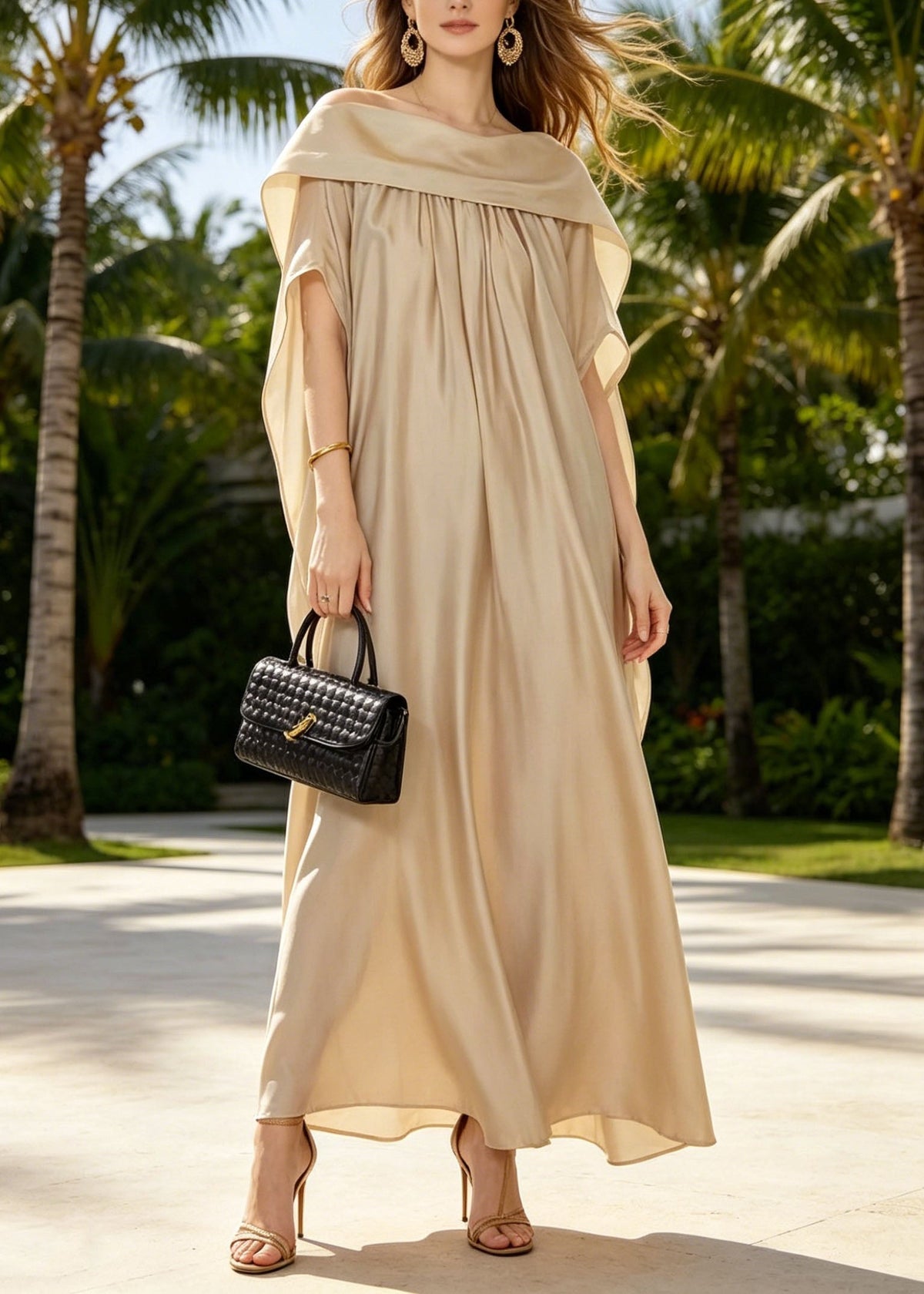 Satin Off Shoulder Draped Cape Sleeve Kaftan Maxi Gown - View 3