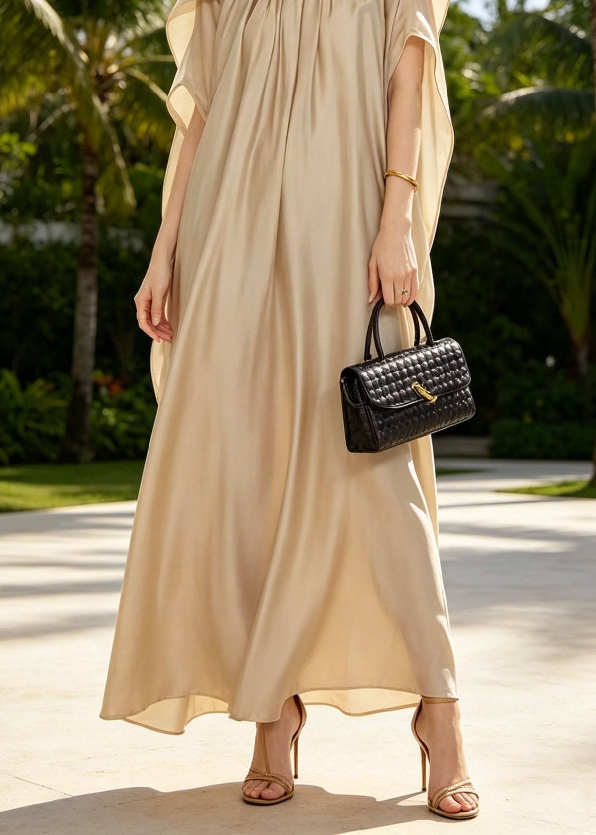 Satin Off Shoulder Draped Cape Sleeve Kaftan Maxi Gown - View 4