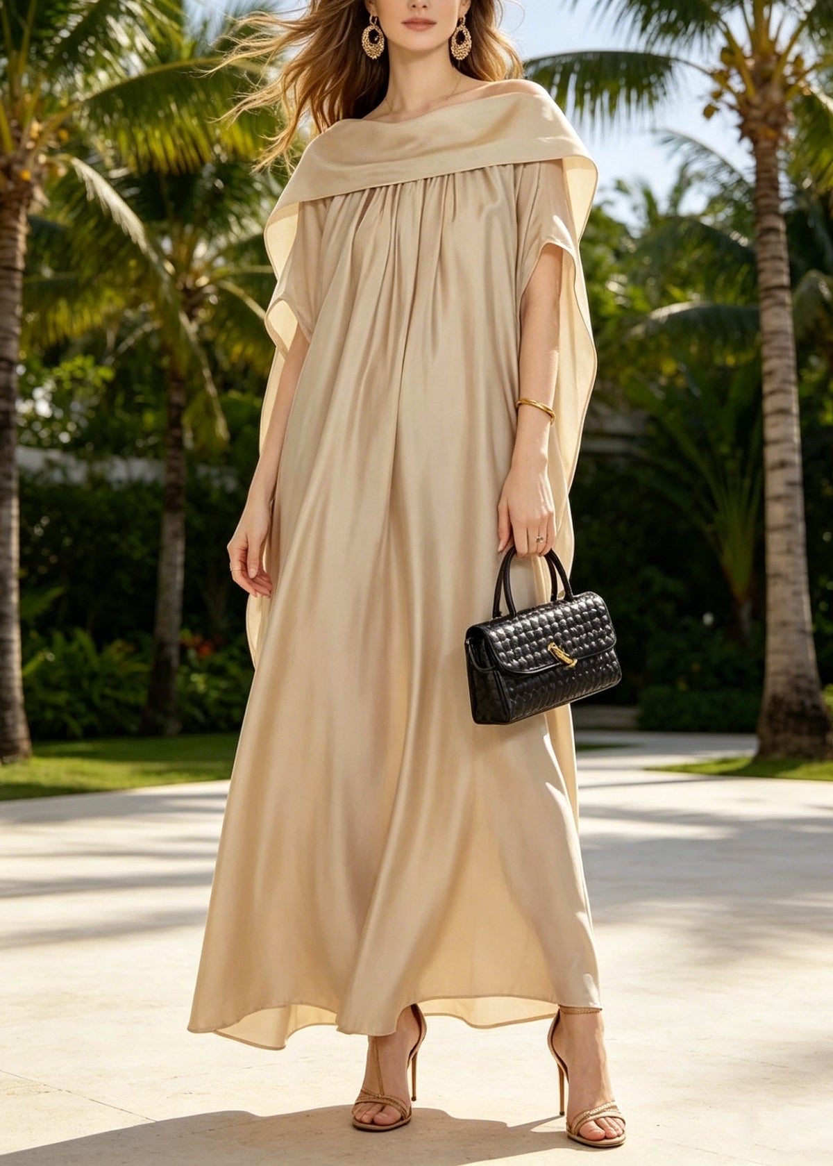 Satin Off Shoulder Draped Cape Sleeve Kaftan Maxi Gown - View 5