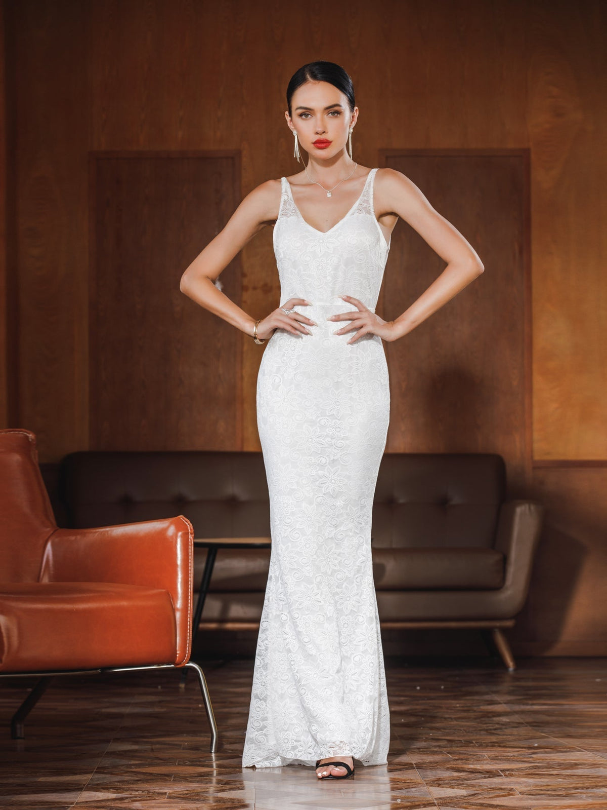 Lace V-Neck Spaghetti Strap Mermaid Maxi Gown - View 3