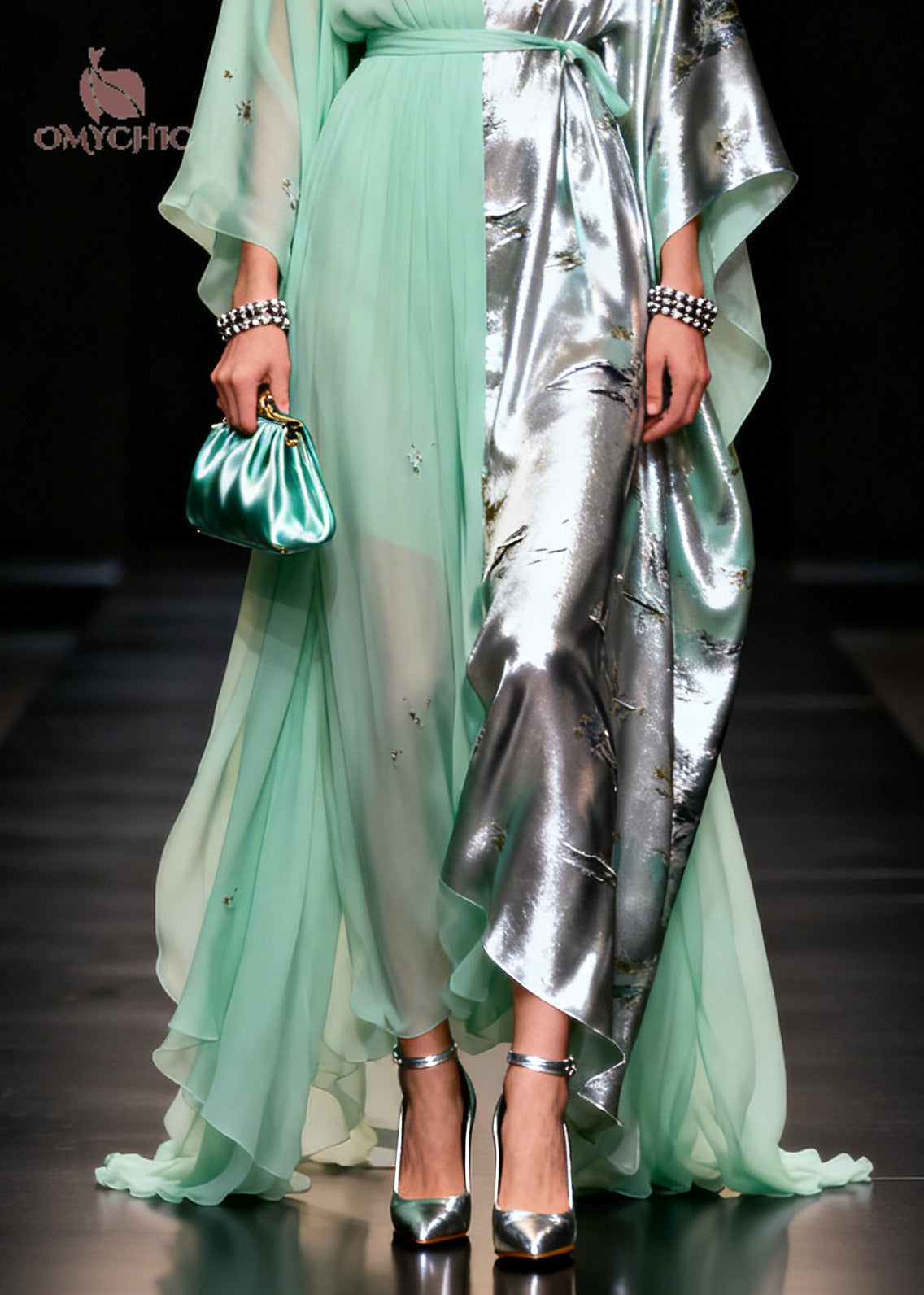 Chiffon Satin Floral Print Split Panel Kaftan Sleeve Maxi Gown - View 4