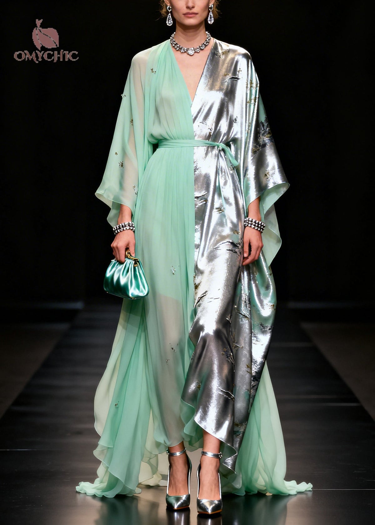 Chiffon Satin Floral Print Split Panel Kaftan Sleeve Maxi Gown - View 5