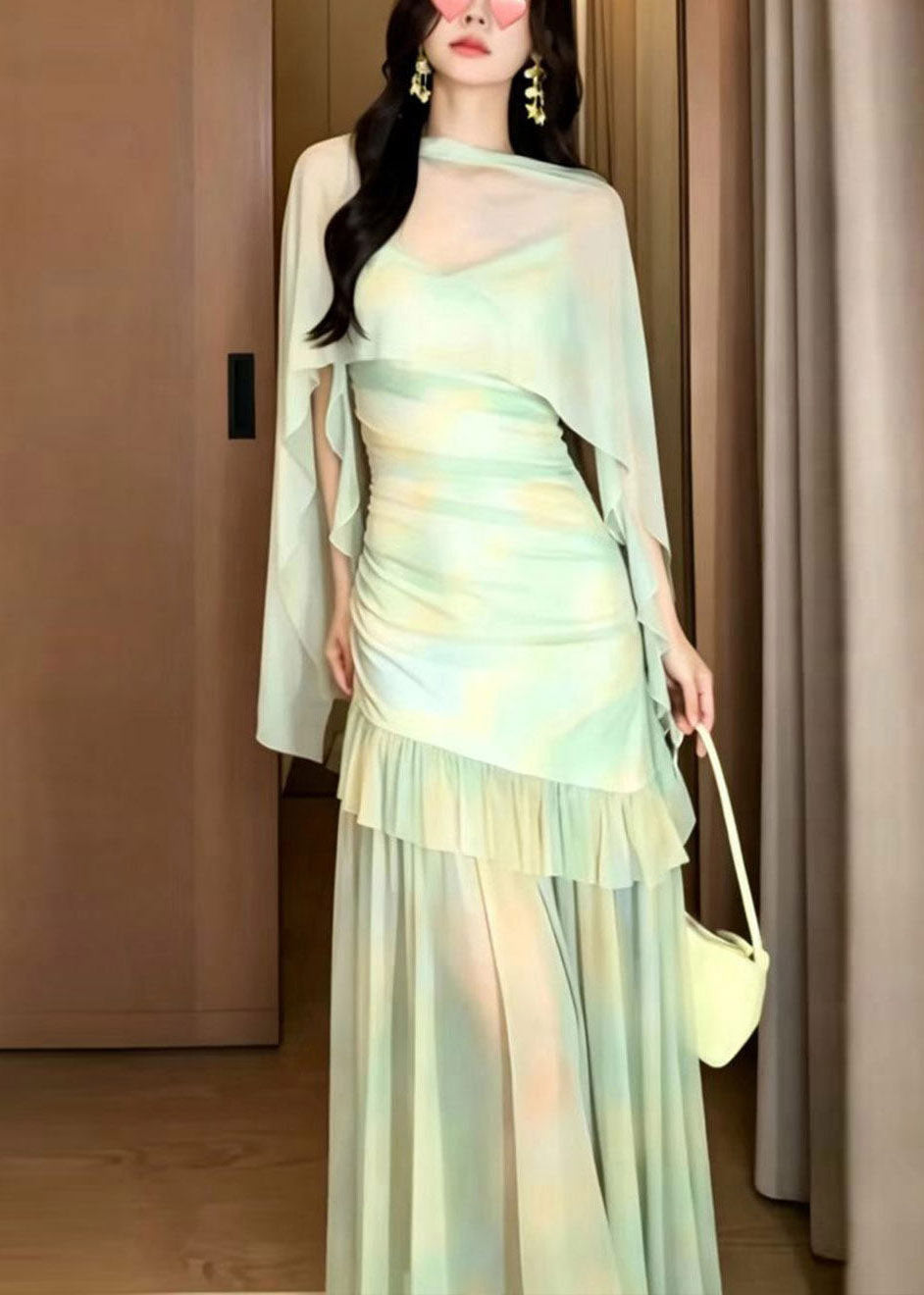 Women Light Green Print Tulle Maxi Dress And Cape Two Piece Set Summer - View 5